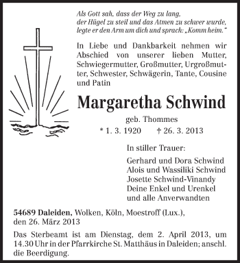 Traueranzeige von Margaretha Schwind von TRIERISCHER VOLKSFREUND