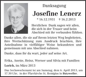Traueranzeige von Josefine Lenerz von TRIERISCHER VOLKSFREUND