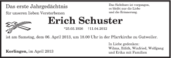 Traueranzeige von Erich Schuster von TRIERISCHER VOLKSFREUND