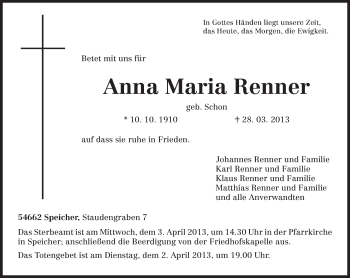Traueranzeige von Anna Maria Renner von TRIERISCHER VOLKSFREUND