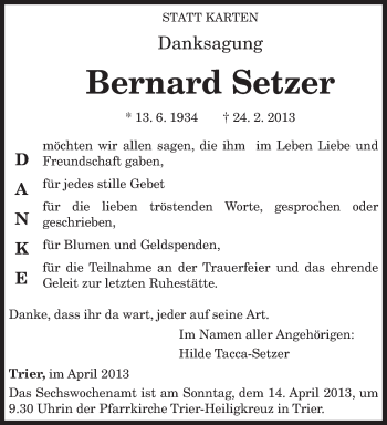 Traueranzeige von Bernard Setzer von TRIERISCHER VOLKSFREUND