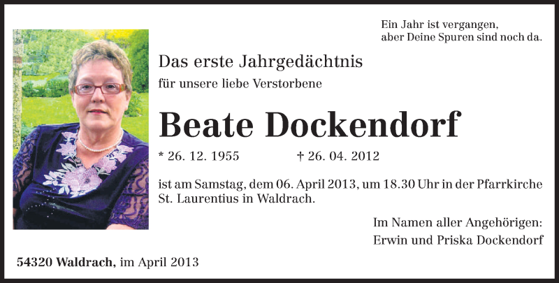  Traueranzeige für Beate Dockendorf vom 03.04.2013 aus TRIERISCHER VOLKSFREUND