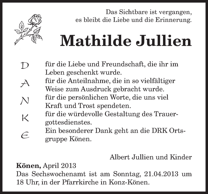  Traueranzeige für Mathilde Jullien vom 13.04.2013 aus TRIERISCHER VOLKSFREUND