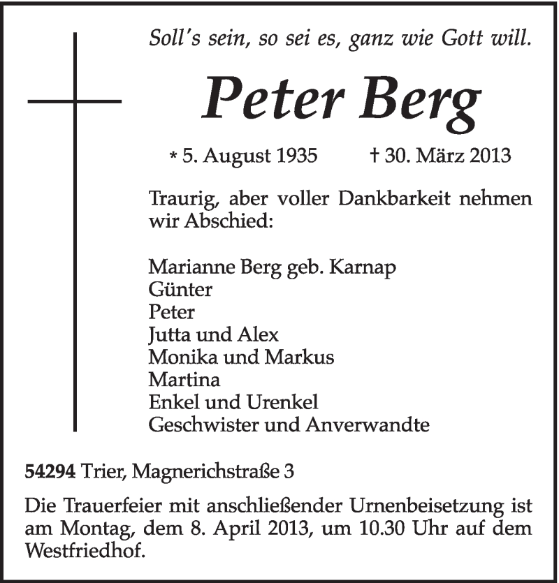  Traueranzeige für Peter Berg vom 04.04.2013 aus TRIERISCHER VOLKSFREUND