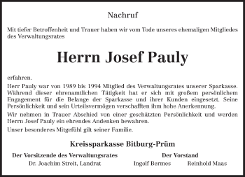 Traueranzeige von Josef Pauly von TRIERISCHER VOLKSFREUND