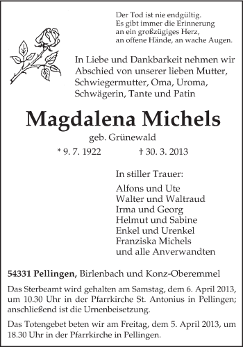 Traueranzeige von Magdalena Michels von TRIERISCHER VOLKSFREUND