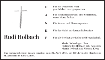 Traueranzeige von Rudi Holbach von TRIERISCHER VOLKSFREUND