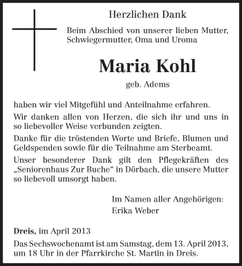 Traueranzeige von Maria Kohl von TRIERISCHER VOLKSFREUND
