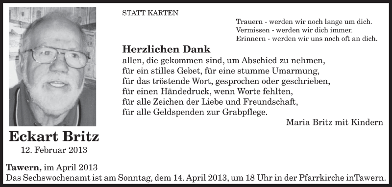  Traueranzeige für Eckart Britz vom 12.04.2013 aus TRIERISCHER VOLKSFREUND