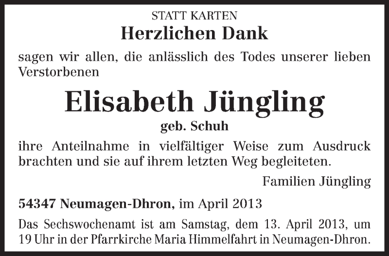  Traueranzeige für Elisabeth Jüngling vom 06.04.2013 aus TRIERISCHER VOLKSFREUND