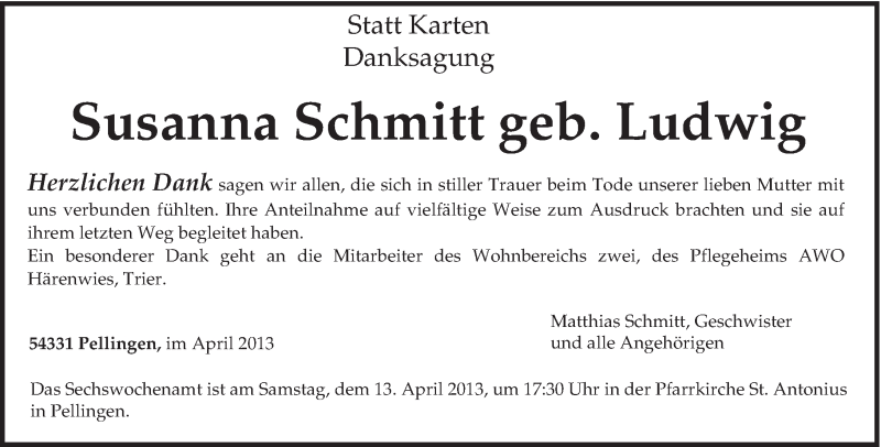  Traueranzeige für Susanna Schmitt vom 06.04.2013 aus TRIERISCHER VOLKSFREUND