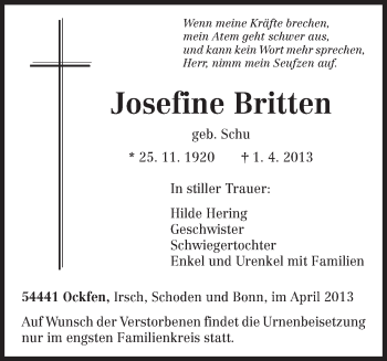 Traueranzeige von Josefine Britten von TRIERISCHER VOLKSFREUND