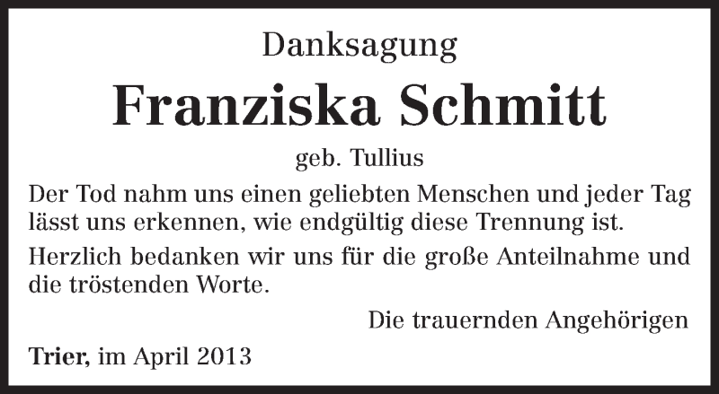  Traueranzeige für Franziska Schmitt vom 06.04.2013 aus TRIERISCHER VOLKSFREUND