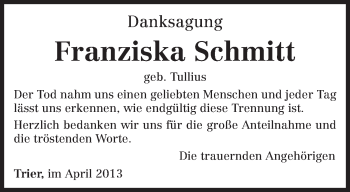 Traueranzeige von Franziska Schmitt von TRIERISCHER VOLKSFREUND