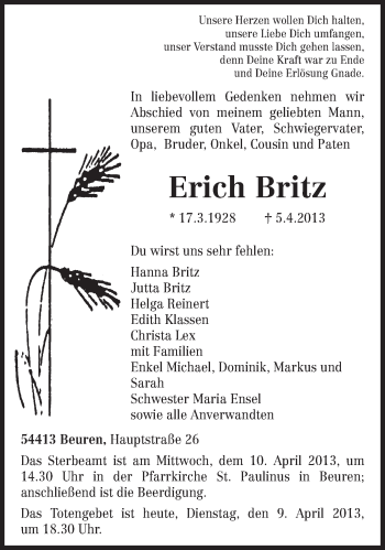 Traueranzeige von Erich Britz von TRIERISCHER VOLKSFREUND