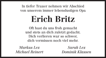 Traueranzeige von Erich Britz von TRIERISCHER VOLKSFREUND