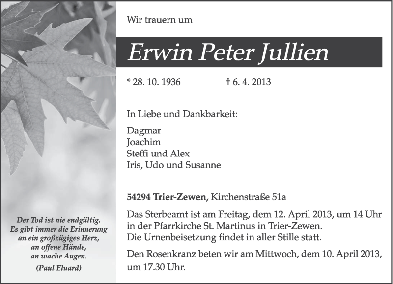  Traueranzeige für Erwin Peter Jullien vom 09.04.2013 aus TRIERISCHER VOLKSFREUND