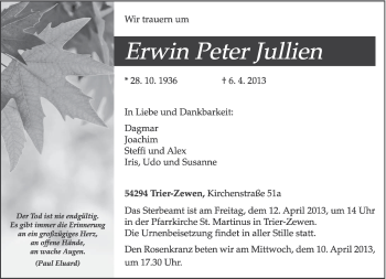 Traueranzeige von Erwin Peter Jullien von TRIERISCHER VOLKSFREUND
