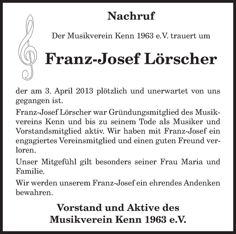  Traueranzeige für Franz-Josef Lörscher vom 09.04.2013 aus TRIERISCHER VOLKSFREUND