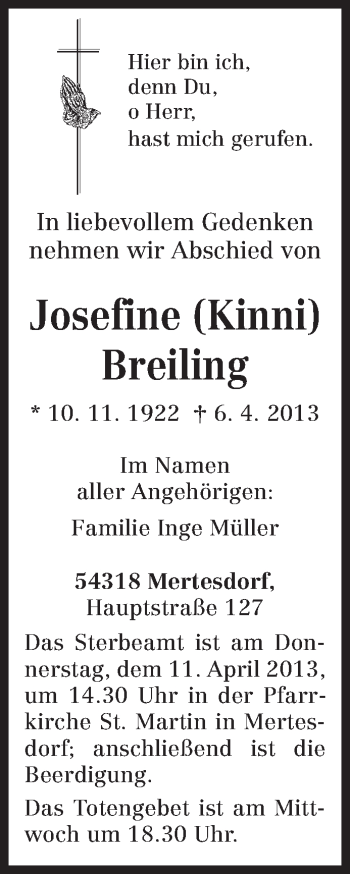 Traueranzeige von Josefine Breiling von TRIERISCHER VOLKSFREUND