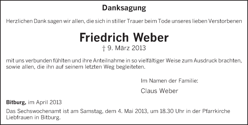  Traueranzeige für Friedrich Weber vom 27.04.2013 aus TRIERISCHER VOLKSFREUND