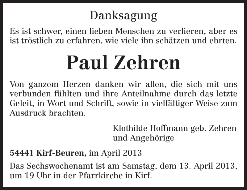  Traueranzeige für Paul Zehren vom 10.04.2013 aus TRIERISCHER VOLKSFREUND