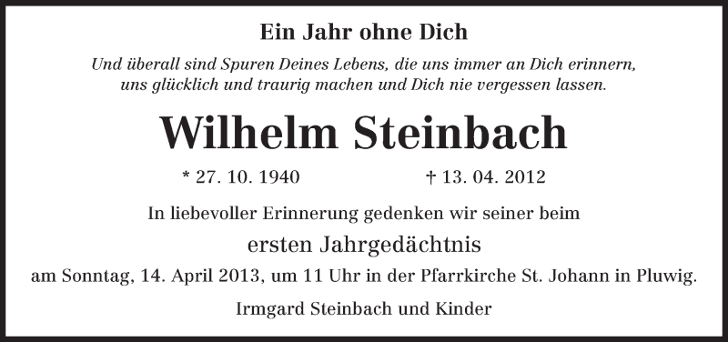  Traueranzeige für Wilhelm Steinbach vom 10.04.2013 aus TRIERISCHER VOLKSFREUND