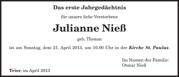 Traueranzeige von Julianne Nieß von TRIERISCHER VOLKSFREUND
