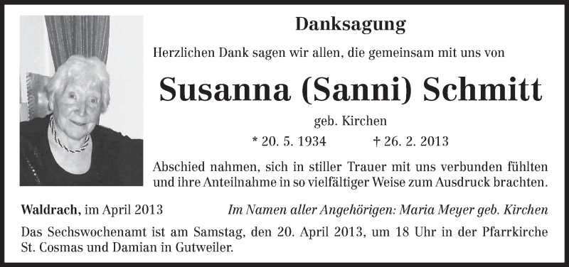  Traueranzeige für Susanna Schmitt vom 13.04.2013 aus TRIERISCHER VOLKSFREUND