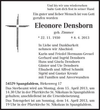 Traueranzeige von Eleonore Densborn von TRIERISCHER VOLKSFREUND