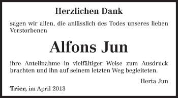 Traueranzeige von Alfons Jun von TRIERISCHER VOLKSFREUND