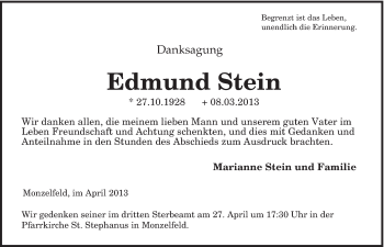 Traueranzeige von Edmund Stein von TRIERISCHER VOLKSFREUND