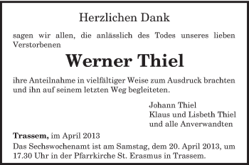 Traueranzeige von Werner Thiel von TRIERISCHER VOLKSFREUND
