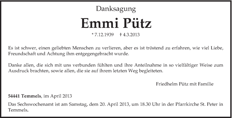  Traueranzeige für Emmi Pütz vom 15.04.2013 aus TRIERISCHER VOLKSFREUND