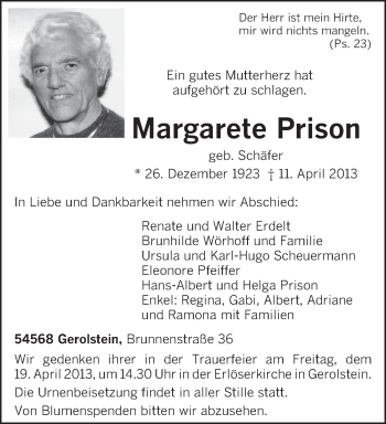 Traueranzeige von Margarete Prison von TRIERISCHER VOLKSFREUND