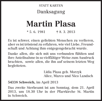 Traueranzeige von Martin Plasa von TRIERISCHER VOLKSFREUND