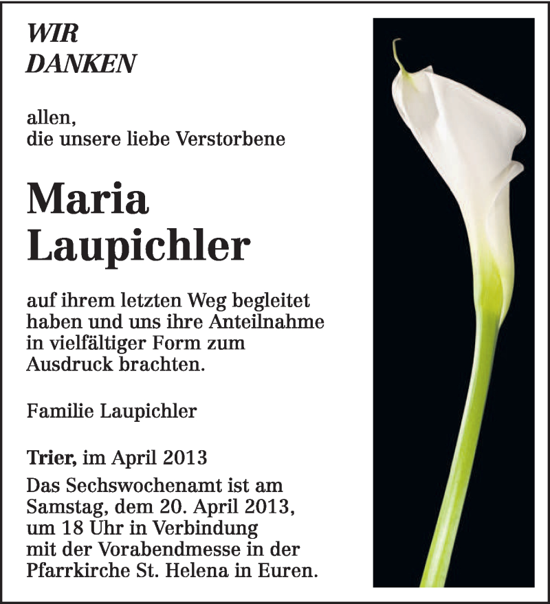  Traueranzeige für Maria Laupichler vom 17.04.2013 aus TRIERISCHER VOLKSFREUND