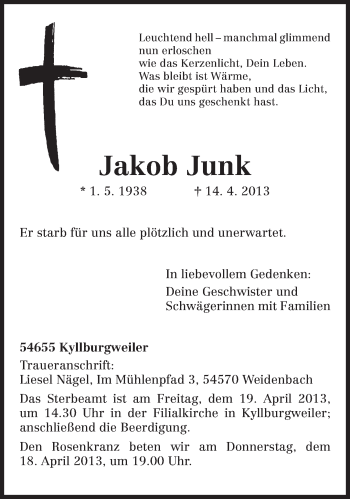 Traueranzeige von Jakob Junk von TRIERISCHER VOLKSFREUND
