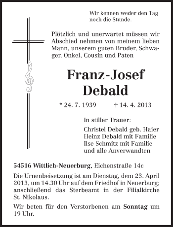 Traueranzeige von Franz-Josef Debald von TRIERISCHER VOLKSFREUND
