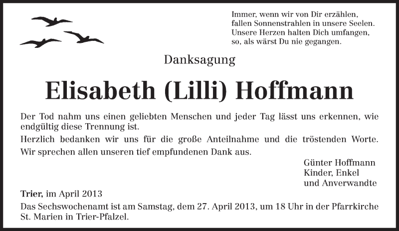  Traueranzeige für Elisabeth Hoffmann vom 20.04.2013 aus TRIERISCHER VOLKSFREUND