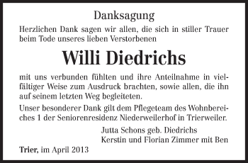 Traueranzeige von Willi Diedrichs von TRIERISCHER VOLKSFREUND