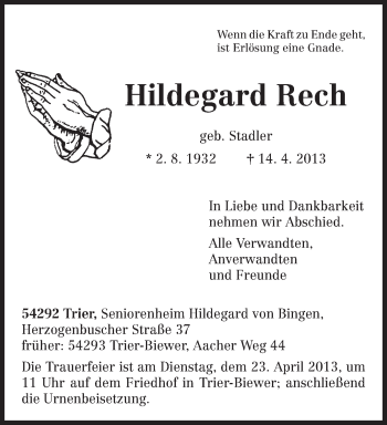 Traueranzeige von Hildegard Rech von TRIERISCHER VOLKSFREUND