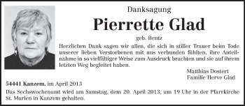 Traueranzeige von Pierrette Glad von TRIERISCHER VOLKSFREUND