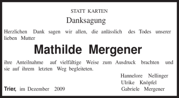 Traueranzeige von Mathilde Mergener von TRIERISCHER VOLKSFREUND