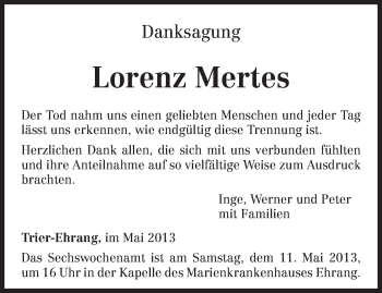 Traueranzeige von Lorenz Mertes von TRIERISCHER VOLKSFREUND