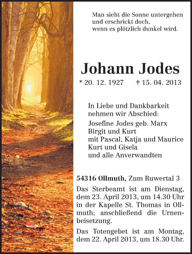  Traueranzeige für Johann Jodes vom 20.04.2013 aus TRIERISCHER VOLKSFREUND