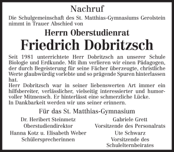 Traueranzeige von Friedrich Dobritzsch von TRIERISCHER VOLKSFREUND