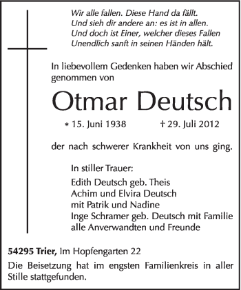 Traueranzeige von Otmar Deutsch von TRIERISCHER VOLKSFREUND