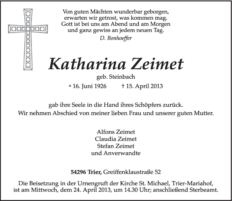  Traueranzeige für Katharina Zeimet vom 20.04.2013 aus TRIERISCHER VOLKSFREUND