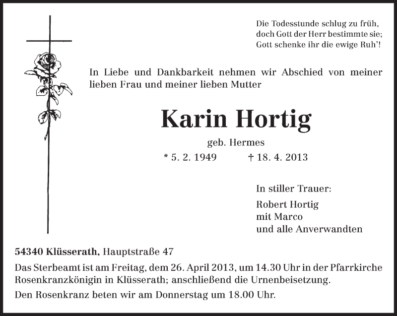 Traueranzeige für Karin Hortig vom 23.04.2013 aus TRIERISCHER VOLKSFREUND